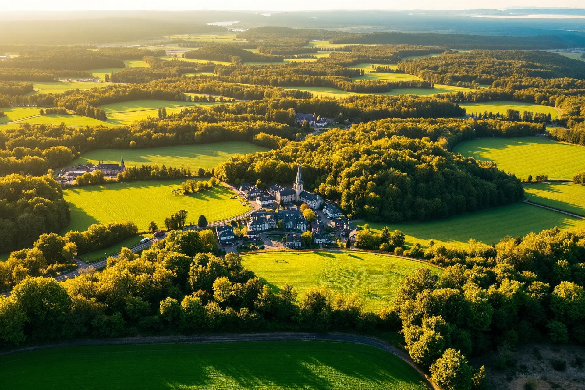 Vue aérienne de Saint-Hilaire-Bonneval et ses étangs au coucher du soleil